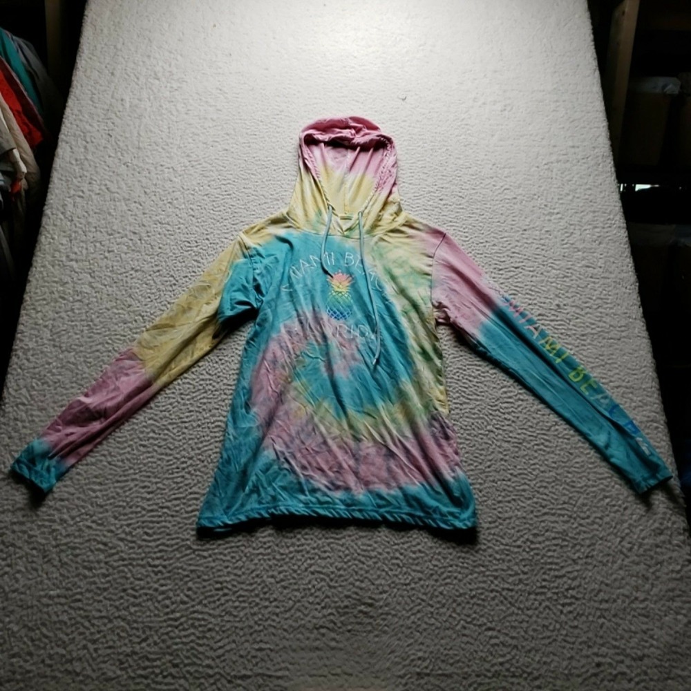 Surf Style Shirt Womens L Multicolor Crew Neck Tie Dye Hooded Long Sleeve Top